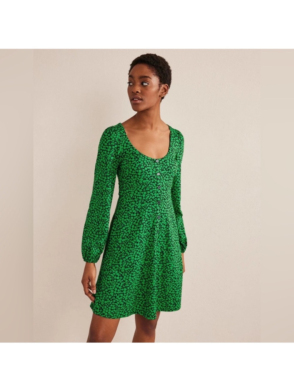 Boden Button Green Long-Sleeve Scoop Neck Floral Dress 14L